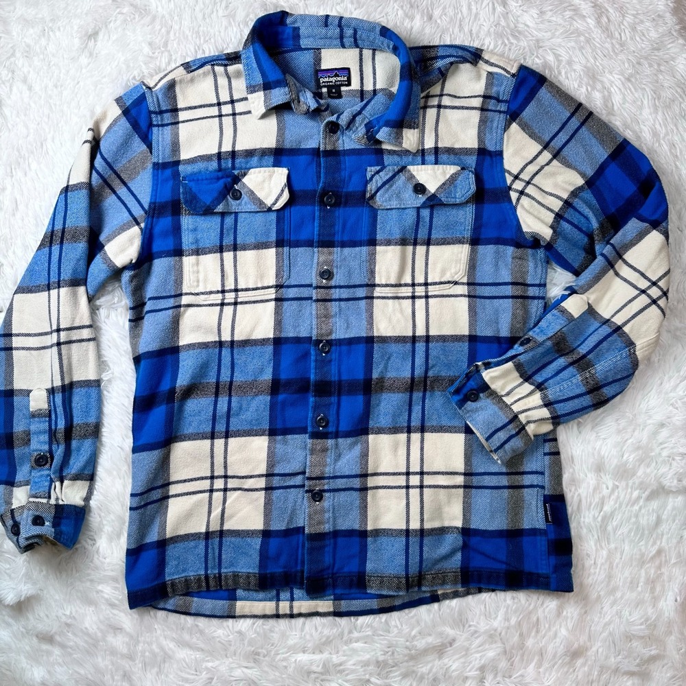 Patagonia Fjord Flannel Shirt Mens Medium Blue Plaid Organic Cotton Button Front